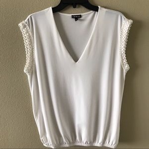 Express Crochet Trim Banded Hem V Neck Top